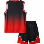 Back view of a basketball team uniform on a mannequin, showing the sleeveless jersey and matching shorts with large back number and team logo at the top.