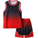 Front view of a basketball team uniform on a mannequin, featuring a sleeveless jersey and matching shorts with bold chest number, contrasting team colors, and a logo icon on the chest.