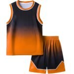 Front view of a basketball team uniform on a mannequin, showing the sleeveless jersey and matching shorts with team colors, bold number on the chest, and logo icon.
