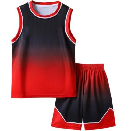 Front view of a basketball team uniform on a mannequin, featuring a sleeveless jersey and matching shorts with bold chest number, contrasting team colors, and a logo icon on the chest.