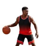 Basketball team uniform on a model, front view, showing the sleeveless jersey and matching shorts with bold chest number, team logo icon, and coordinated colors.