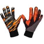 Black full-finger basketball training gloves with yellow logo icon, laid flat to show the textured palm grip, breathable back panels, and adjustable wrist straps.