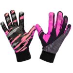 Close-up side view of black full-finger basketball training gloves with a yellow logo icon, showing the textured palm grip, breathable back panels, and adjustable wrist straps.