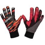Close-up of black full-finger basketball training gloves with a yellow logo icon, showing the textured palm, breathable back panels, and adjustable wrist straps.