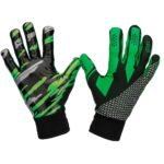 Close-up of black full-finger basketball training gloves with a yellow logo icon, showing the textured palm grip, breathable back panels, and adjustable wrist straps.