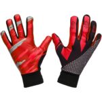 Close-up view of black full-finger basketball training gloves with a yellow logo icon, showing the textured palm grip and adjustable wrist straps.