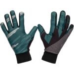 Pair of full-finger basketball training gloves in black with a yellow logo icon, laid flat to show the breathable back, palm grip texture, and adjustable wrist straps.