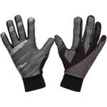 Pair of full-finger basketball training gloves in black with yellow logo icon, laid flat to show the palm grip texture and adjustable wrist straps.