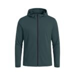 Front view of a dark green basketball lightweight jacket laid flat, showing the full-zip closure, stand-up collar, and long sleeves.