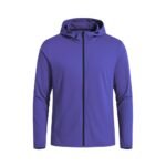 Front view of a purple basketball lightweight jacket laid flat, showing the full-zip front, stand-up collar, long sleeves, and small logo icon on the chest.