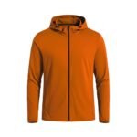 Front view of a orange basketball lightweight jacket laid flat, with a full-zip front, stand-up collar, long sleeves, and a small orange logo icon on the chest.