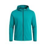 Front view of a basketball lightweight jacket laid flat, featuring a full-zip front, stand-up collar, long sleeves, and a small logo icon on the chest.