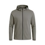 Front view of a basketball lightweight jacket laid flat, featuring a full-zip front, stand-up collar, long sleeves, and a small logo icon on the chest.