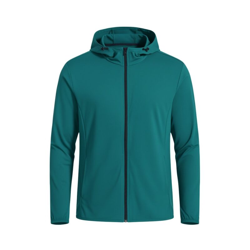 Front view of a basketball lightweight jacket laid flat, featuring a full-zip front, stand-up collar, long sleeves, and a small logo icon on the chest.