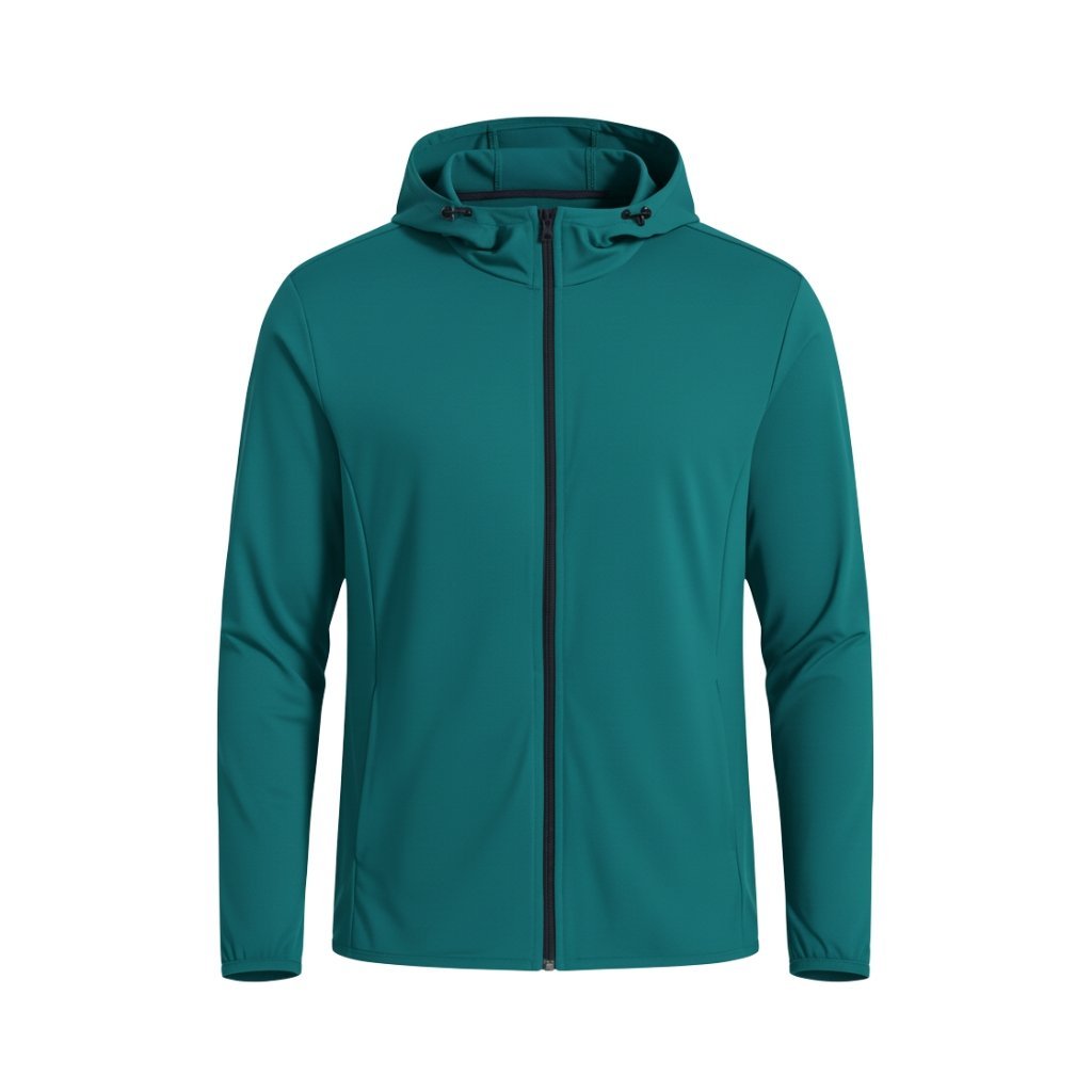 Front view of a basketball lightweight jacket laid flat, featuring a full-zip front, stand-up collar, long sleeves, and a small logo icon on the chest.