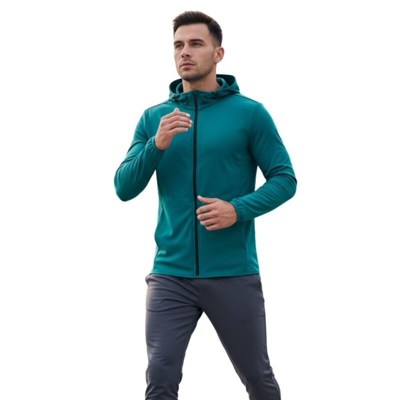 Model wearing a basketball lightweight jacket, standing to show the front zip, stand-up collar, long sleeves, and small logo icon on the chest.