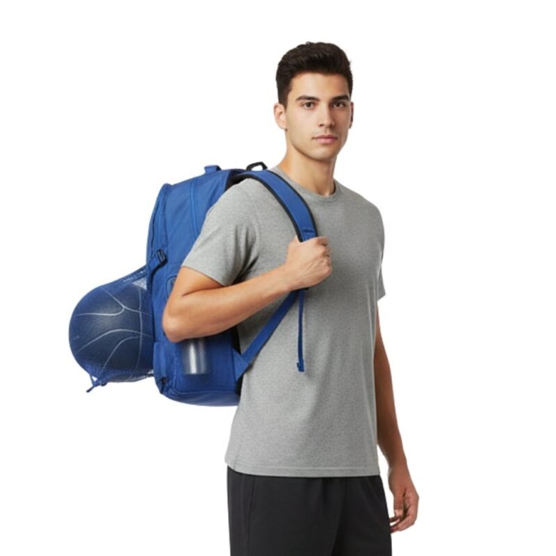 Basketball sports bag on a model’s back, showing the backpack-style design with padded shoulder straps, front logo icon, and multiple storage compartments.