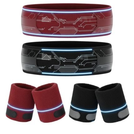 Basketball sports headband and wristband set arranged together, showing matching elastic bands with a small logo icon on each piece.
