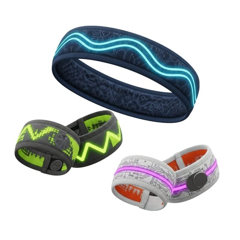 Basketball sports bands set laid out flat, showing a matching headband and wristbands with a small logo icon on each piece.