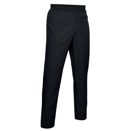 Side view of basketball sweatpants laid flat, showing the relaxed straight-leg fit, elastic waistband, side seam, and smooth tricot fabric.