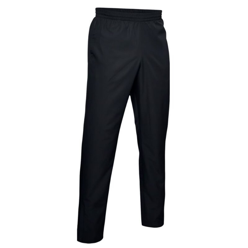 Side view of basketball sweatpants laid flat, showing the relaxed straight-leg fit, elastic waistband, side seam, and smooth tricot fabric.