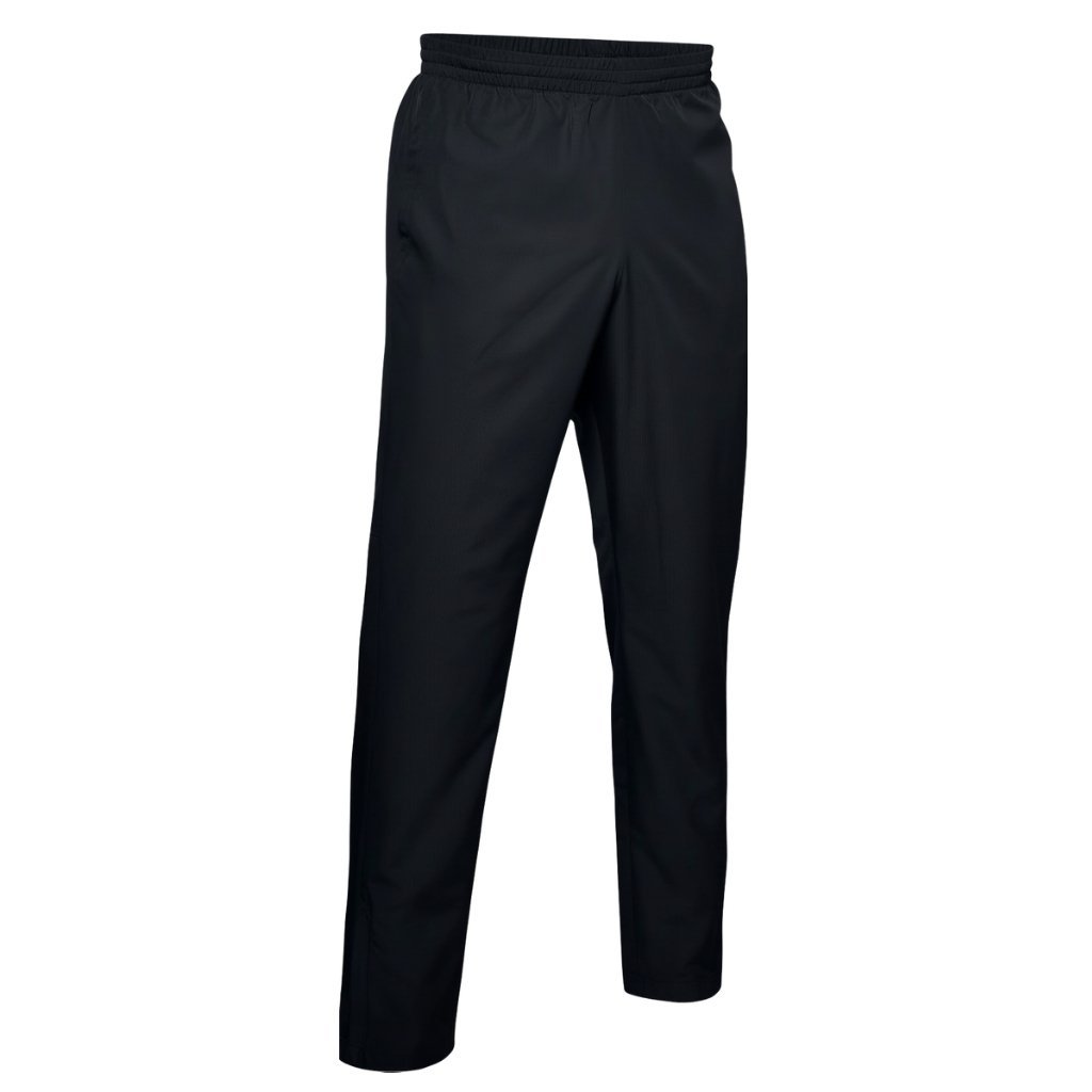 Side view of basketball sweatpants laid flat, showing the relaxed straight-leg fit, elastic waistband, side seam, and smooth tricot fabric.