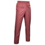 Front view of basketball sweatpants laid flat, featuring a relaxed straight-leg fit, elastic waistband with drawcord, side pockets, and a small logo icon near the hip.