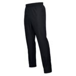 Basketball sweatpants laid flat in a front view, showing a relaxed straight-leg fit, elastic waistband with drawcord, side pockets, and a small logo icon near the upper leg.