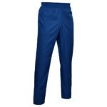 Front view of basketball sweatpants laid flat, showing a relaxed straight-leg fit, elastic waistband with drawcord, side pockets, and a small logo icon near the hip.