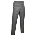 Front view of basketball sweatpants laid flat, featuring a relaxed straight-leg fit, elastic waistband with drawcord, side pockets, and a small logo icon near the hip.