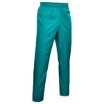 Front view of basketball sweatpants laid flat, showing a relaxed straight-leg fit, elastic waistband with drawcord, side pockets, and a small logo icon near the hip.