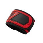 Basketball wrist strap laid flat, showing the adjustable wrap design with hook-and-loop closure and a small logo icon on the end tab.