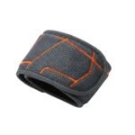 Basketball wrist strap full front view, shown worn on a wrist, featuring the adjustable compression wrap, hook-and-loop closure, and small logo icon on the tab.