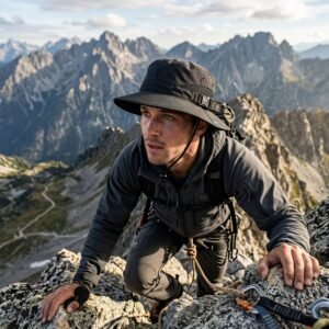 Hiker wearing premium hiking hat outdoors