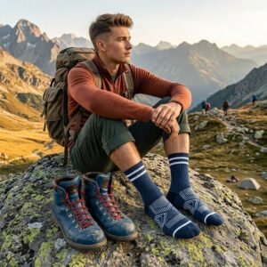 Model wearing hiking socks while standing on rocky terrain.