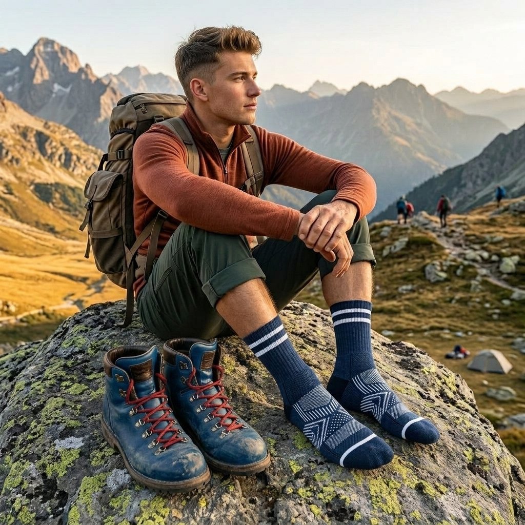 Model wearing hiking socks while standing on rocky terrain.