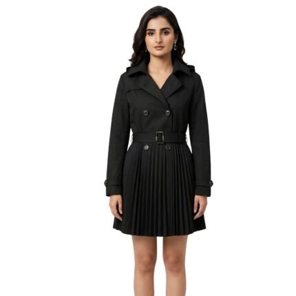 Black trench coat front view showing full design and details