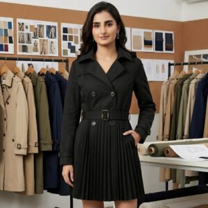 Model wearing black trench coat in sample room setting