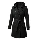 Black trench coat featuring modern strap design details
