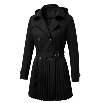 Black trench coat featuring pleated design details