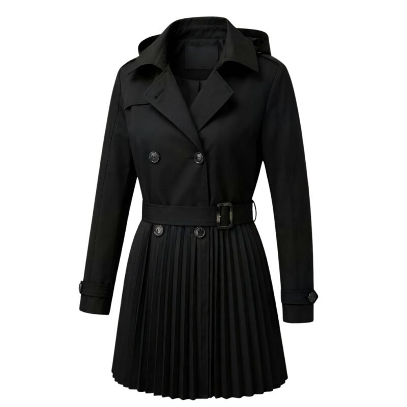 Black trench coat featuring pleated design details