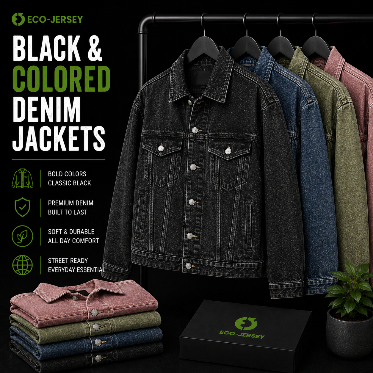 Custom black and colored denim jackets available in multiple color options, manufactured by Eco Jersey Limited