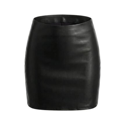 Black faux leather mini skirt front view