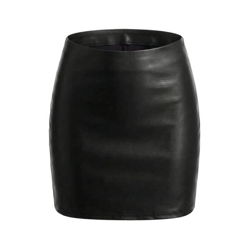 Black faux leather mini skirt front view