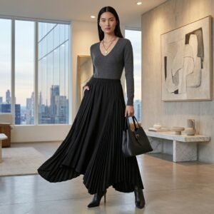 Woman wearing a black maxi skirt, full-length front view