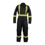 Front view of men’s black industrial coveralls with collar, long sleeves, and full-length legs.