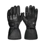 Black heated motorbike gloves displayed on a plain background, showing insulated design and protective detailing.
