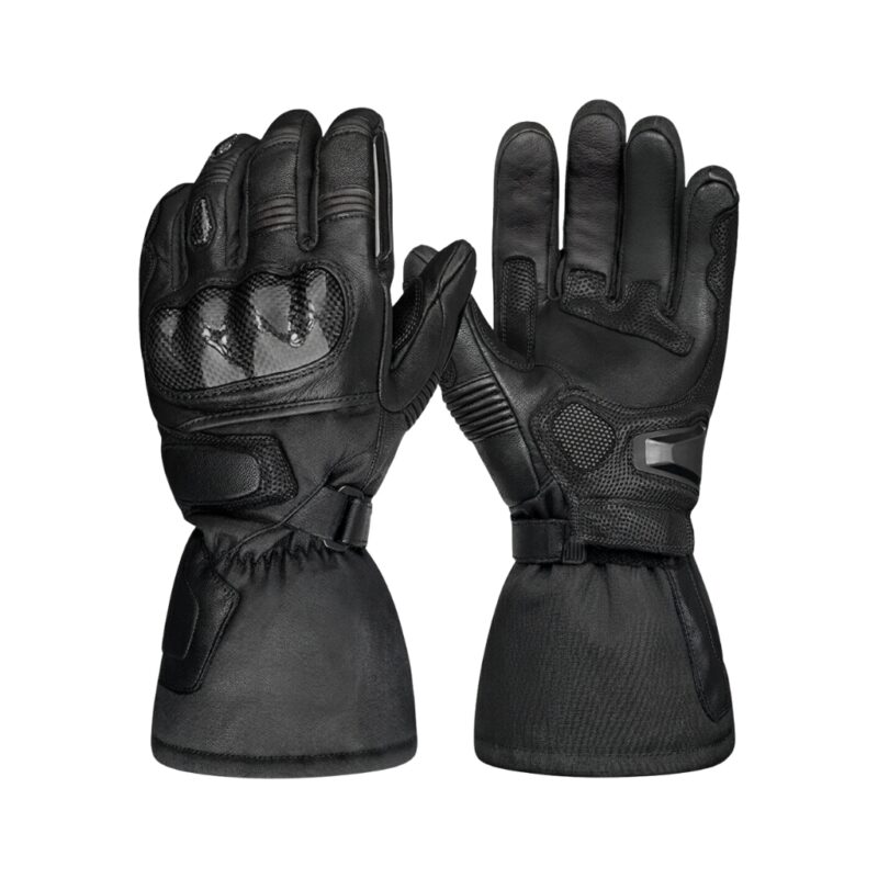 Black heated motorbike gloves displayed on a plain background, showing insulated design and protective detailing.