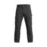 Black industrial workwear pants with straight leg and multiple pockets.