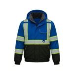 Blue and black industrial workwear jacket with front zipper, chest pockets, and reflective tape on the sleeves.